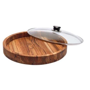 Imagem de Gamela 34cm Redonda Tampa De Vidro Madeira Teca Monte Novo