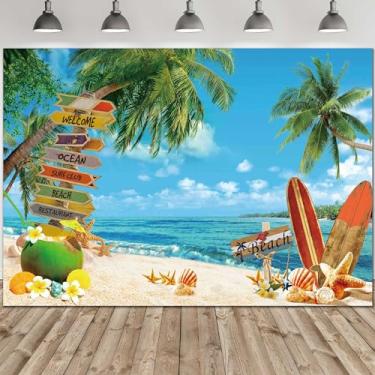 Imagem de Felortte Tecido de poliéster 2,4 x 1,8 m pano de fundo tropical à beira-mar tropical ilha palmeiras fotografia céu azul mar Havaí Aloha Luau decoração de festa banner imagens adereços de foto