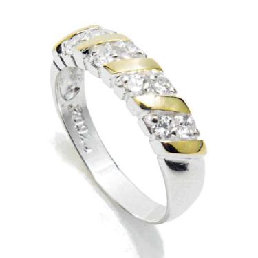 Imagem de Anel Meia Aliança Princesa Luxo Prata 925 e Aplique Ouro 14K - Clara C