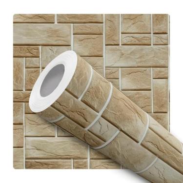 Imagem de Papel De Parede Adesivo Lavável Sala Pedra Rustica 3d Bege Rejunte Bra