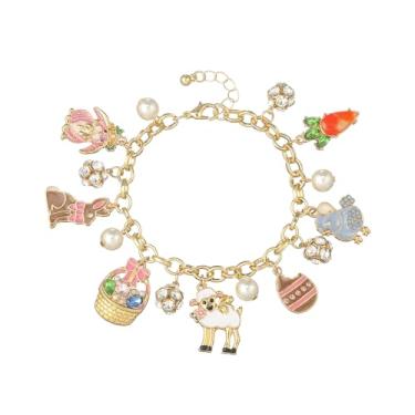 Imagem de Firopia Pulseira de Páscoa feminina | Pulseira com pingente de ovelha de coelho da Páscoa | Pulseira de ovos de Páscoa para mulheres | Presentes de festa de Natal de Páscoa, 7.5, Strass