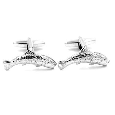 Imagem de Abotoaduras prateadas para presente da Salmon Trout Fish Cuff Links Fly Fishing Rod Angler