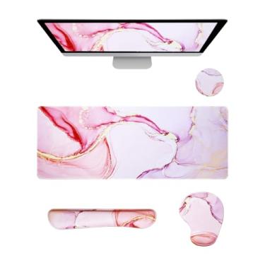 Imagem de GAUENEEN Conjunto de mouse pad de teclado, mouse pad ergonômico, mouse pad grande + descanso de pulso para teclado + suporte de pulso + conjunto de copos, mousepad de espuma de memória para facilitar