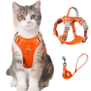 Imagem de Conjunto de coleira e peitoral para gatos para caminhada à prova de fuga para gatos pequenos e grandes com bolso para etiqueta de identificação (laranja, PPP)
