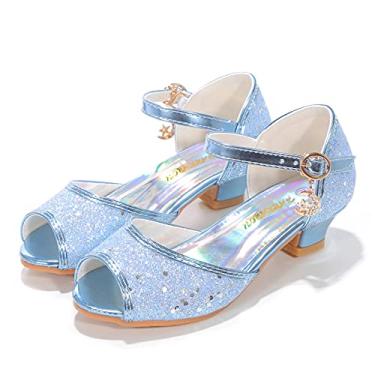 Imagem de ALPHELIGANCE Sandálias Mary Jane Glitter Sandálias de festa de casamento Sapatos de princesa com tiras de flores, Azul, 11 Little Kid