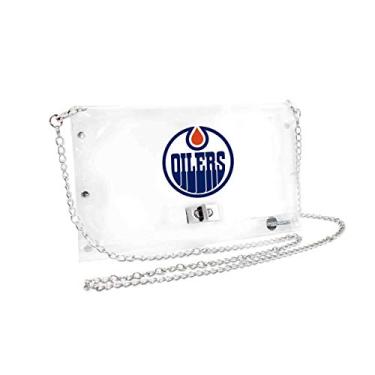 Imagem de Littlearth Bolsa feminina NHL Edmonton Oilers envelope transparente com alça de corrente de metal e logotipo do time, 25,4 x 16,5 x 1,2 cm, transparente
