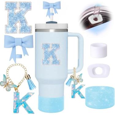 Imagem de Conjunto de 6 peças de acessórios de copo Stanley azul, topo de canudo de arco para copo Stanley 850 g 1,134 g, incluindo cobertura de palha e bota de silicone brilhante, tampas à prova de