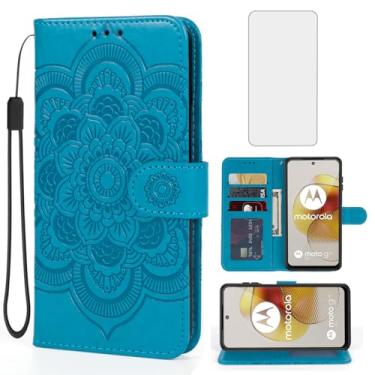 Imagem de Bohefo Capa para Moto G73, Motorola G73 5G XT2237-2 Capa carteira com protetor de tela de vidro temperado, capa flip de couro mandala com suporte para cartão de crédito para Motorola Moto G73 5G Azul