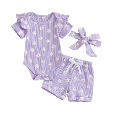 Imagem de FOCUSNORM Conjunto de roupa de verão para bebês recém-nascidas com nervuras de manga curta + shorts de cintura elástica floral + conjunto de faixa de cabeça, Flor roxa, 6-12 Meses