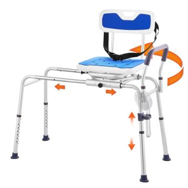 Imagem de VEVOR Banco de transferência de banheira deslizante com assento giratório de 360 graus, banco de transferência de banheira ajustável em altura com apoio de braço e cinto de segurança, cadeira de