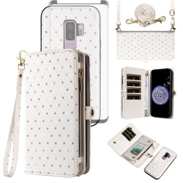 Imagem de Asuwish Capa de celular para Samsung Galaxy S9 Plus carteira com zíper destacável com película de vidro temperado, alça flip com glitter, compartimento para cartão S9+ 9S 9+ S 9 9plus S9plus mulheres
