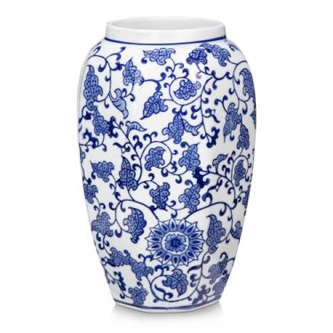 Imagem de Vaso azul e branco, vaso floral tradicional chinoiserie de 21 cm, jarra de gengibre, vasos octogonais, decoração de porcelana azul e branca para casa, sala de estar, cozinha, cornija, prateleira, mesa