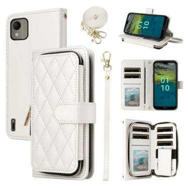 Imagem de Furiet Argyle Capa carteira para Nokia C110 com alça de ombro, 9+ compartimentos para cartões, bolsa com zíper de luxo, suporte de couro PU, capa de celular quadriculada para C 110 4G N156DL mulheres