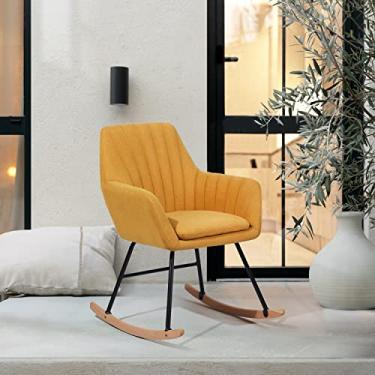 Imagem de FurnitureR Acento de balanço de madeira e metal planador, poltrona de tecido escandinavo cadeira lateral confortável para sala de estar quarto estúdio escritório cadeira de lazer, amarelo