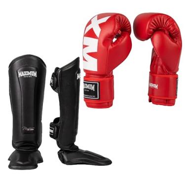 Imagem de Kit Luva de Boxe Muay Thai Kickboxing Maximum Vermelho + Caneleira Maximum Classic Preto (LUVA 14OZ + CANELEIRA P)