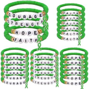 Imagem de Huquary 24 pulseiras de conscientização de fita verde para mulheres, pulseiras elásticas com letras de argila de polímero, fé mental, coragem, alzheimer, lúpus, leucemia, linfoma cerebral, câncer,