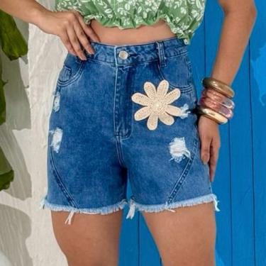 Imagem de Bermuda Jeans Feminina Bordado Flor Bege - ALIK STORE