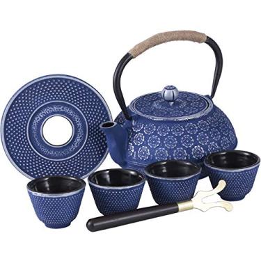 Imagem de Ufine Conjunto de bule de chá de ferro fundido floral azul chaleira de tesubin estilo japonês com 4 xícaras, infusor de aço inoxidável para fogão topo de chá 800 ml