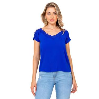 Imagem de Blusa ciganinha manga curta com renda - SML Fashion, Feminino, Azul, P