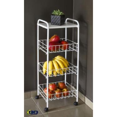 Imagem de Fruteira De Chão 3 Andares Cestos Aramados Branco Com Tampo e Rodinhas