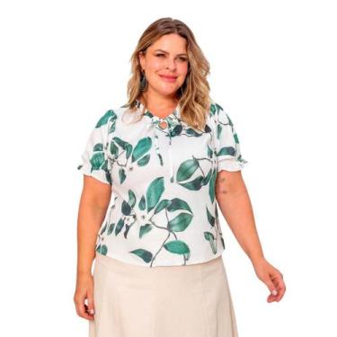 Imagem de Blusa feminina plus size manga curta estampa tropical com renda em cre
