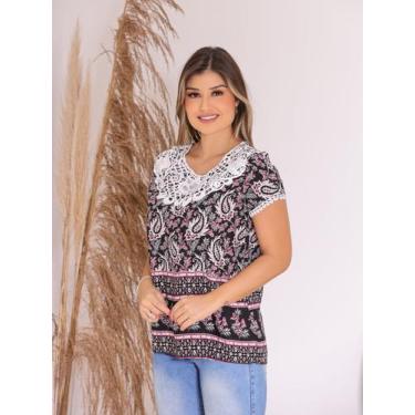 Imagem de Camiseta Blusa Feminina Estampada de Manga Curta com Renda e Viscose P