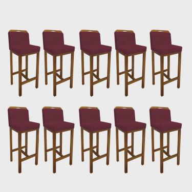 Imagem de Kit 10 Banqueta Alta Com Encosto Agnes Cozinha Balcão Bistrô Base Madeira Rústico Suede Bordô - Ahz Móveis