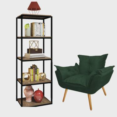 Imagem de Kit Poltrona Fatte com Estante Livreiro Ferro Preto mdf Rústico Suede Verde Musgo - Ahazzo Móveis