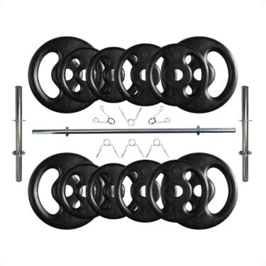 Imagem de Kit 40 Kg de Anilhas Ferro Fundido + Barras de Supino e Halteres