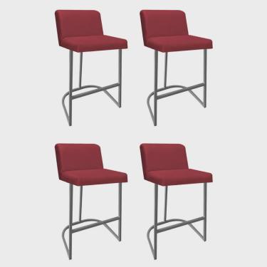 Imagem de Kit 04 Banquetas Com Encosto Noah Luxo Confort Bistrô Cozinha Ferro Cinza Corino Vermelho - Ahz Móveis