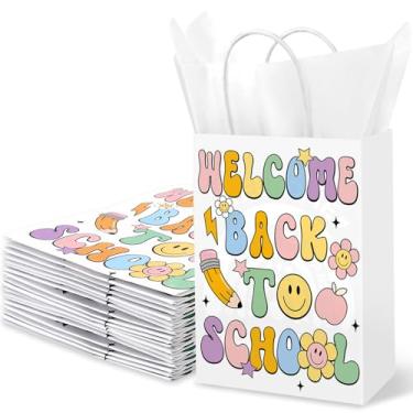 Imagem de JarThenaAMCS 24 sacos de papel Boho de volta às aulas com 30 folhas de papel branco pastel sorriso rosto doces sacos com alças para lembrancinhas de festa em sala de aula suprimentos