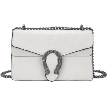Imagem de aiunone Bolsa feminina com corrente transversal - Bolsa de ombro de couro com estampa de cobra de crocodilo para noite, Branco, 9.8" x 6.1" x 3.4"