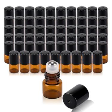 Imagem de RAMFIYN Pacote com 60 frascos de rolo de vidro âmbar de 1 ml para óleos essenciais, aplicador roll-on recarregável com bolas de rolo de aço inoxidável, mini recipientes de maquiagem à prova de