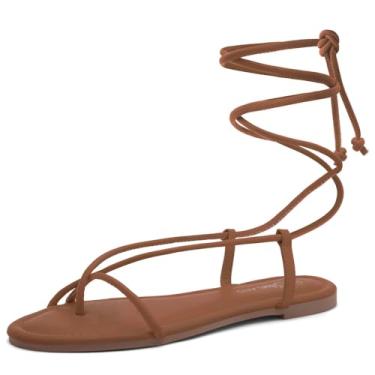 Imagem de Shoe Land Sandálias rasteiras femininas – Sandálias gladiadoras confortáveis com cadarço e envoltório ajustável no tornozelo | Sapatos de amarrar com tiras cruzadas para o verão, praia e viagens