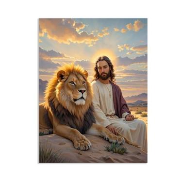 Imagem de Arte de parede em tela Jesus e Cordeiro, pôr do sol Leão judeu e Jesus, impressão de pôster de Jesus Rei Leão Cristão Pintura Religiosa Arte Igreja Decoração de Parede Imagens 40 x 30 cm (16 x 12