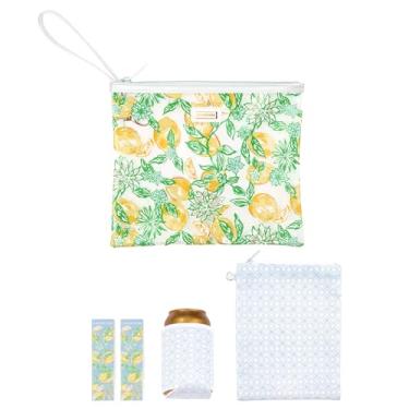 Imagem de Lilly Pulitzer Bolsa De Praia Vinil Resistente À Água, Com Zíper, Inclui Suporte Para Bebidas, Pequena E Prendedores Toalha, Faça Limonada