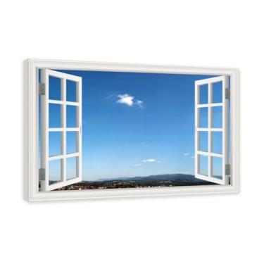 Imagem de PY3H69 Arte de parede em tela de janela aberta, impressão natural em tela. Lindo cenário de céu 53 cm, decoração de parede de paisagem de janela, decoração de casa moderna. Moldura interna 50 x 75 cm