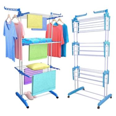 Imagem de Varal de Chão Vertical Grande para Roupas 3 Andares em Aço Inox com Rodinhas, Retrátil, Reforçado, Dobrável, Regulável e com Suportes para Cabides - Super Compacto - Suporta até 40Kg de Roupas