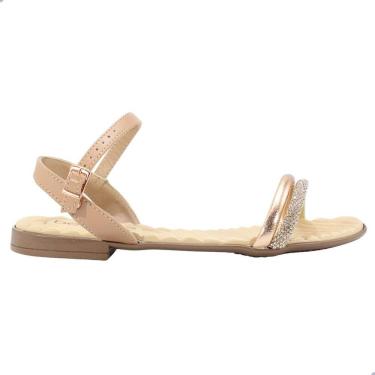 Imagem de Sandália Rasteira Feminina Beira Rio Napa Turim Metalizado Strass Nude e Ouro Rosado