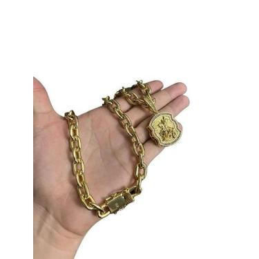 Imagem de Cordão Cadeado 14Mm + Pingente São Jorge Banhado A Ouro 18K - Tojoia18