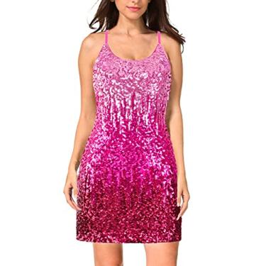 Imagem de MANER Vestido feminino de lantejoulas com glitter ajustável alças finas brilhantes vestidos de festa, Rosa brilhante/rosa vermelho/vermelho, G