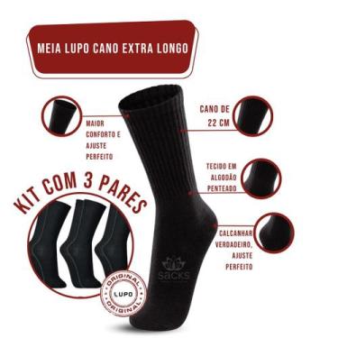 Imagem de KIt 3 Pares de Meia Cano Extra Longo Academia Algodão  - Lupo, Preto, 