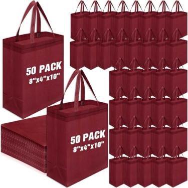 Imagem de Windyun 50 sacolas reutilizáveis a granel 20 x 10 x 25 cm, sacola de supermercado não tecida com alças, sacolas de compras reutilizáveis para festas (vinho vermelho)