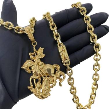 Imagem de Cordão 8Mm Cadeado + Pingente São Jorge - Banhado A Ouro 18K