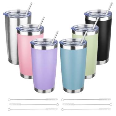 Imagem de YEBTS Life Copo de 590 ml com tampas e canudos, caneca de café de viagem com isolamento de aço inoxidável, copos isolados a vácuo de parede dupla, copo de café revestido em pó para bebidas frias e