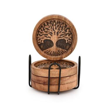 Imagem de Kaizen Coasters Conjunto de 4 porta-copos redondos de madeira de acácia para bebidas com suporte de ferro para decoração de casa moderna, decoração de mesa de jantar para casa (10 x 10 cm x 0,5)