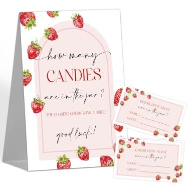 Imagem de Decorações de chá de bebê de morango - Quantos doces estão no pote jogos de chá de bebê, 1 placa e 50 quantas cartas, jogos engraçados de revelação de gênero para artigos de festa de morango, 50