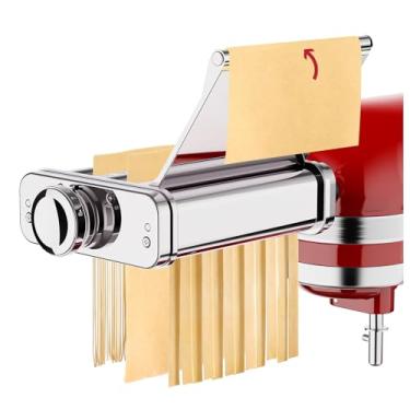 Imagem de Acessório para máquina de macarrão de aço inoxidável para batedeira KitchenAid, máquina de massa 3 em 1 com placa de rolo de transporte automático, inclui rolo de macarrão espaguete e cortador de
