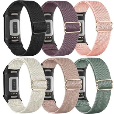 Imagem de TUCOMO Pacote com 6 pulseiras de nylon elástico compatíveis com Fitbit Charge 6/5, tiras elásticas para Fitbit Charge 5/6 masculino e feminino