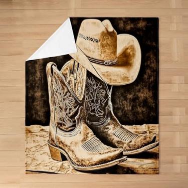 Imagem de Cobertor de flanela infantil caubói ocidental, boné de botas de caubói rústico, cobertor de cama de fazenda para meninos e meninas, cobertor de lã retrô tribal de cabana, cobertor felpudo marrom